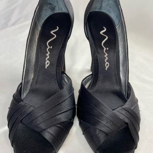 Women’s Nina black satin dress shoe 4 inch peep toe heels, size 7.5